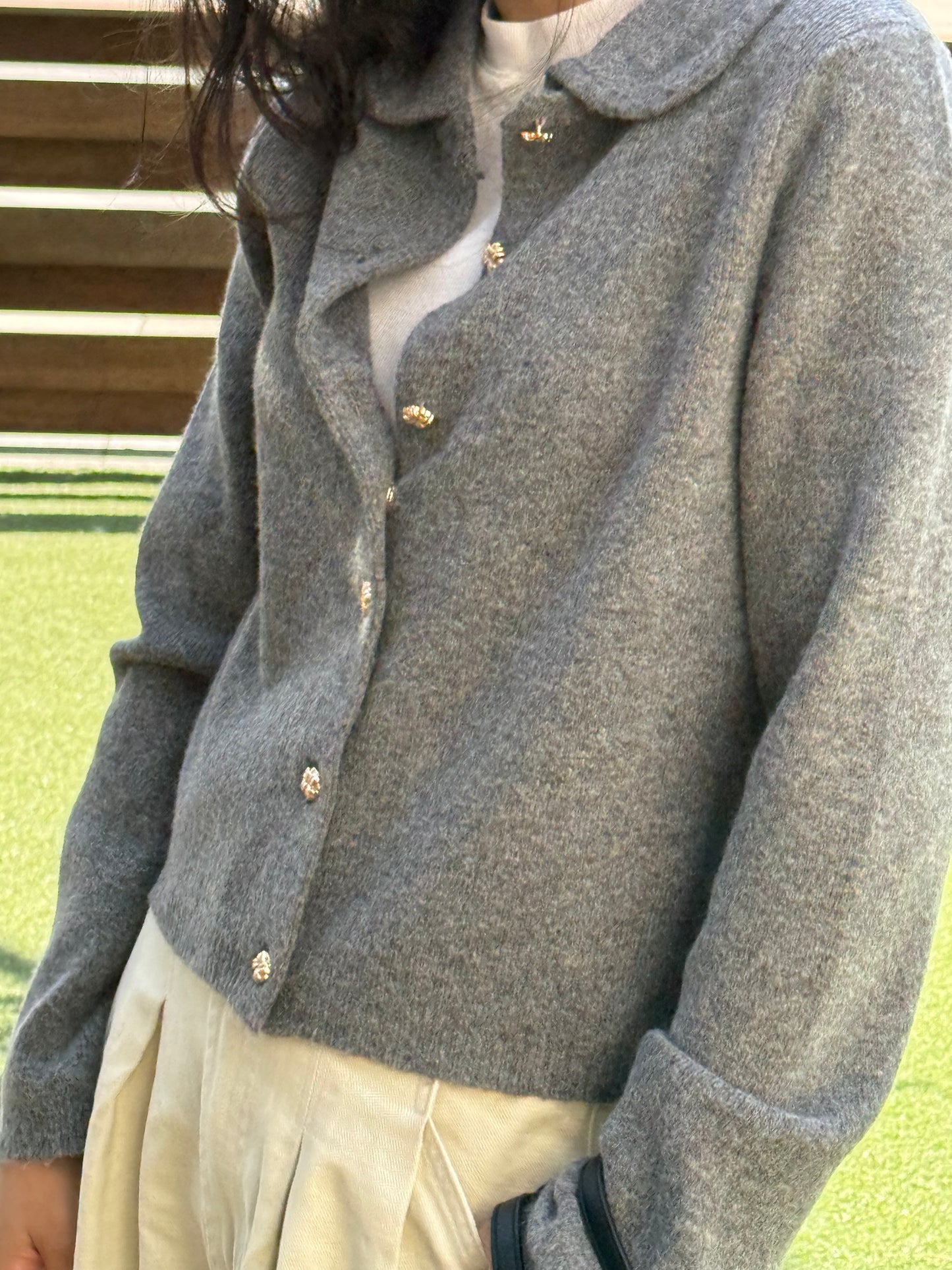 grey cardigan